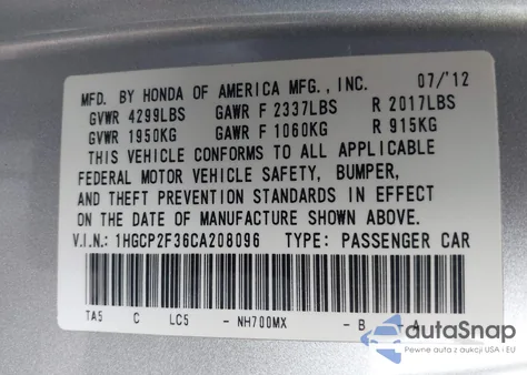 2012 Honda Accord 2.4 Lx из США, поврежденный, VIN 1HGCP2F36CA208096